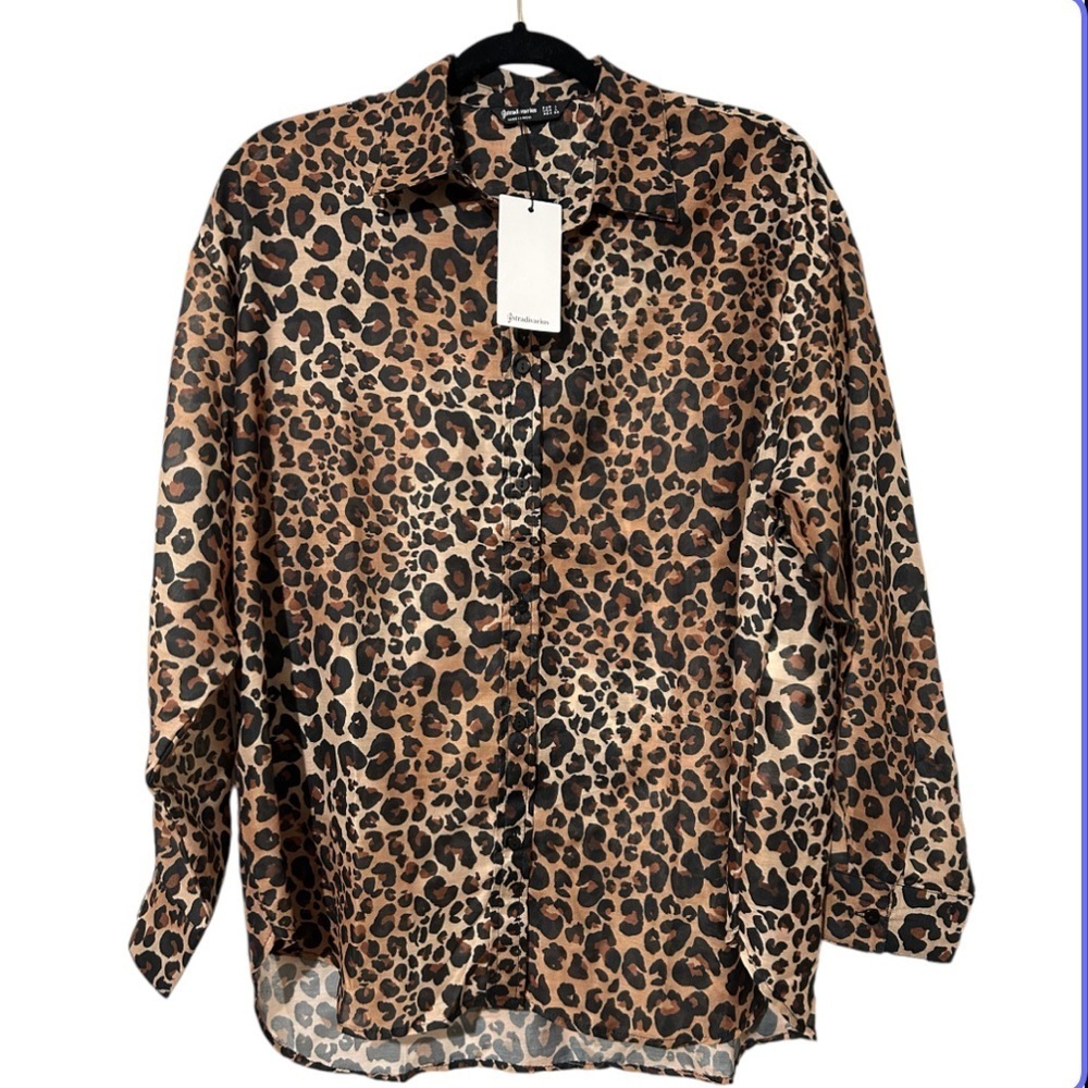 ASOS- Stradivarius  Button Down Leopard Print Blouse Sz Large Office Siren - Picture 2 of 8
